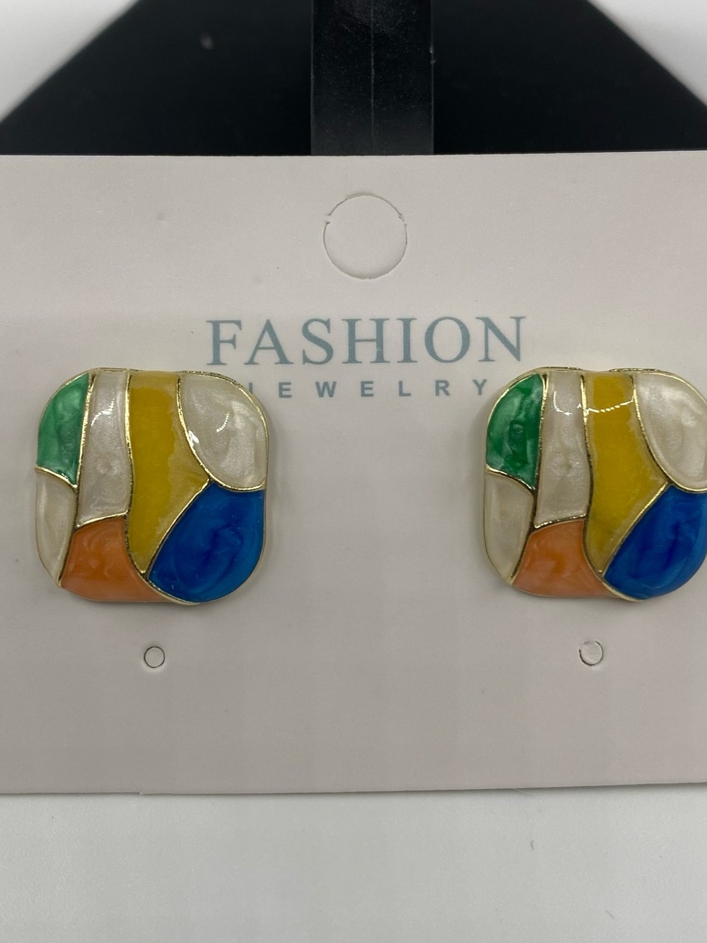 Multi-Color Enamel Square Stud Earrings